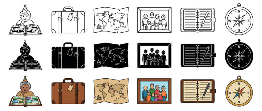 Diverse collection of icons representing life's journey, cherished memories, family connections, adventurous travel, and personal reflections on experiences.