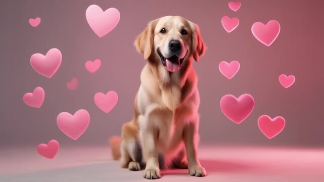 Adorable Golden Retriever Dog Sitting Surrounded by Floating 3D Pink Hearts for Valentine's Day Pet Love Concept