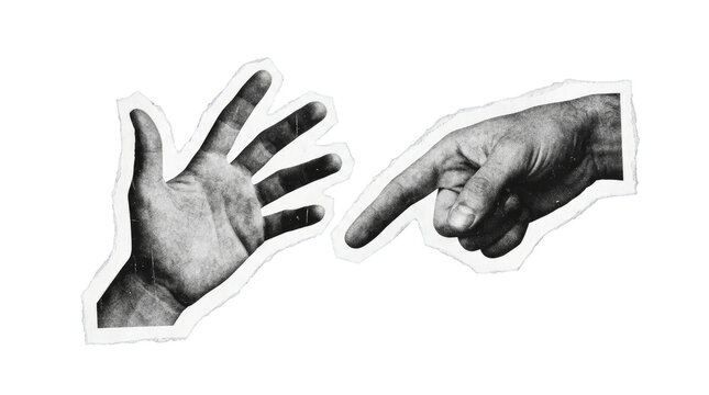 Collage of two hands pointing and reaching out on png background