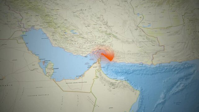 Middle East map animation featuring a red radar scan focusing on the Strait of Hormuz
