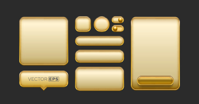 Golden glossy UI kit with various buttons and toggle switches on a dark background. Premium user interface elements for web or app design.