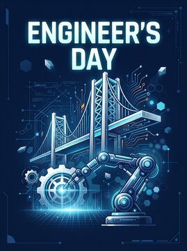 Engineer&rsquo;s Day futuristic vector poster with robotic arms, gears, bridge and glowing city skyline celebrating innovation and technology