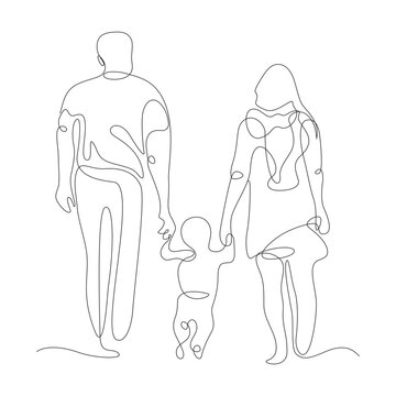 Continuous Line Art Family Walking Holding Hands Mother Father Child Vector Illustration in AI EPS SVG PNG