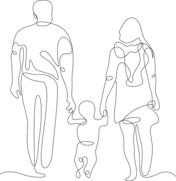 Continuous Line Art Family Walking Holding Hands Mother Father Child Vector Illustration in AI EPS SVG PNG