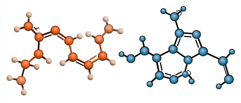 Molecular structure diagrams illustrating chemical bonds and atoms. The diagram on the left shows a chain of orange spheres representing carbon atoms.