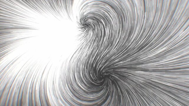 Fluid monochrome lines spiral through a swirling yin yang twin vortex in a high contrast 3D animation ideal for elegant design presentations