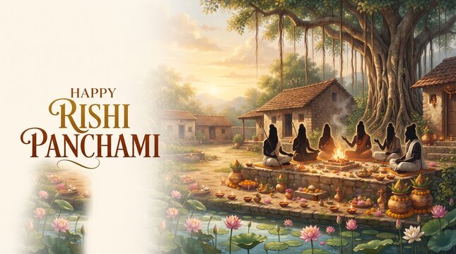 Happy Rishi Panchami illustration with sages performing ritual near village huts under sacred tree by river at golden sunset
