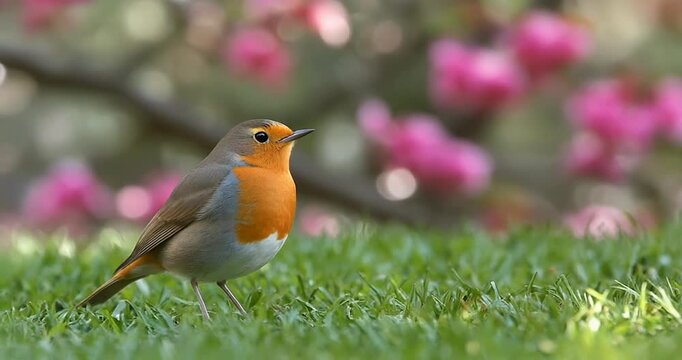 European robin standing on lush green grass with blooming pink flowers in background suitable for nature publications