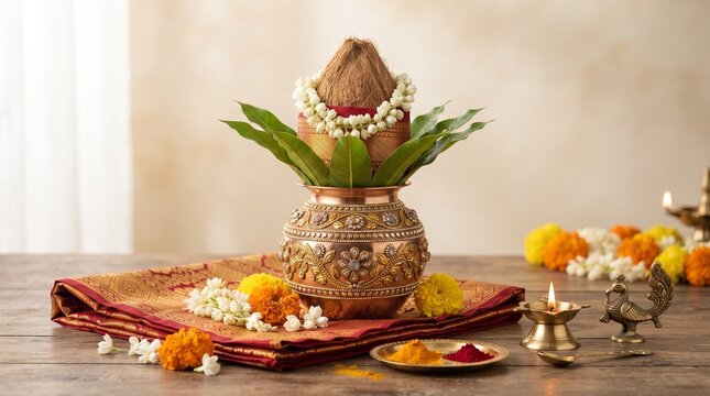 Kalasha with coconut and mango leaves on decorative mat with brass diya and flowers for traditional Hindu puja ceremony