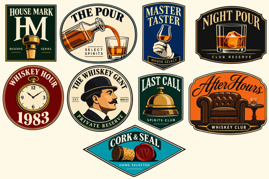 A collection of vintage-style labels and badges featuring various elements related to whiskey, spirits, and drinking culture, including bottles, glasses, corks, and gentlemen.