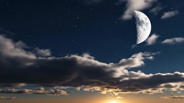 Celestial half moon shines above clouds in dark night sky