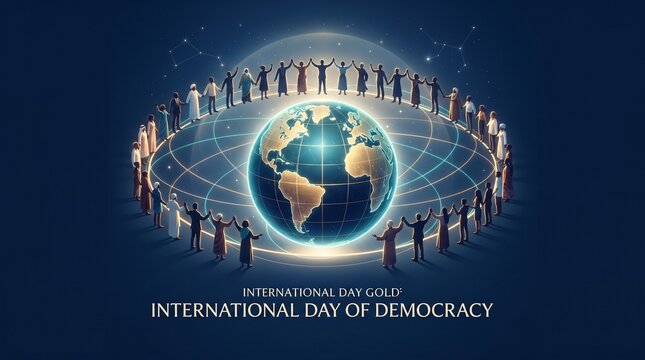 Global silhouettes celebrating International Day of Democracy standing in glowing ring around Earth on dark stage background