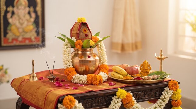 Happy Gowri Habba festival poster with Goddess Parvati seated under floral arch, lamps and offerings in warm golden light