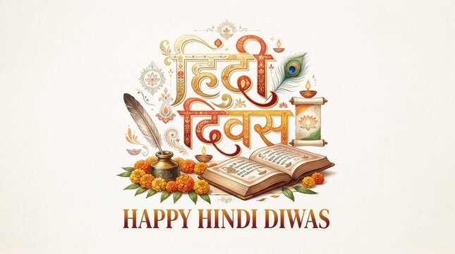 Happy Hindi Diwas typography logo with books, ink pot and marigold flowers on white background for language day greeting
