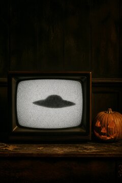 Vintage television with static screen and witch hat silhouette next to glowing carved pumpkin in dark room. Spooky halloween atmosphere with retro tv.