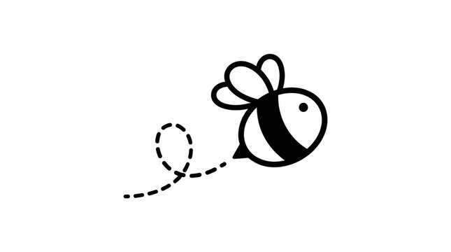 Minimalist bumble bee line art, cute flying honey bee icon with dotted flight path, simple black and white insect graphic