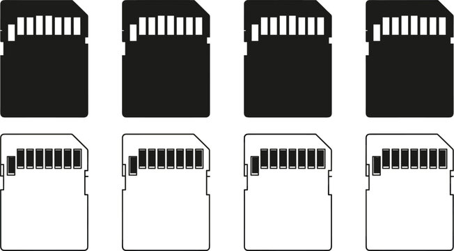Micro sd memory card solid black and thin line outline digital storage media icon collection vector set