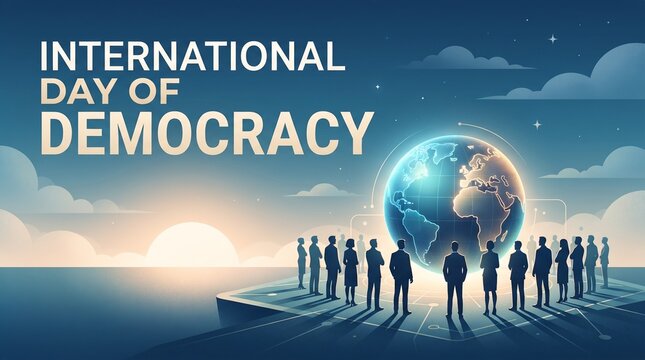  International Day of Democracy illustration with diverse people standing around glowing globe on horizon at sunrise