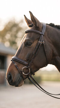 Elegant horse head profile wearing brown leather bridle at sunset