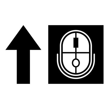 Black and white directional sign with arrow and elevator button symbol