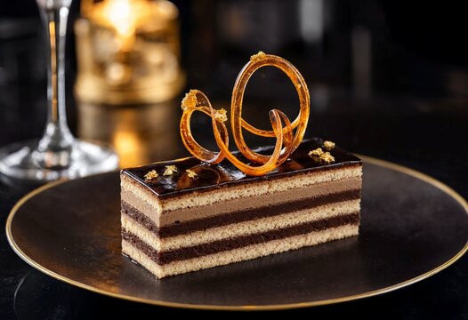 A gourmet layered chocolate opera cake served on a black plate with caramel decoration