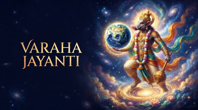 Lord Varaha emerging from cosmic ocean of clouds, divine boar avatar saving Earth for Varaha Jayanti Hindu festival artwork