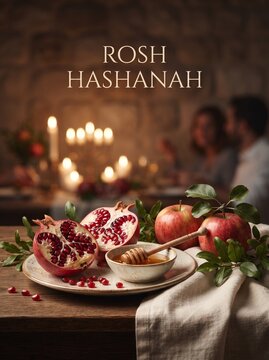 Rosh Hashanah celebration with woman lighting candles beside apples, honey and pomegranate on dark  table