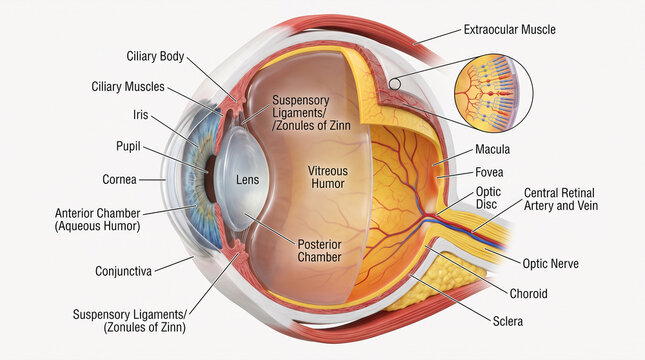 Eye anatomy cross-section illustration showing internal structures and optic nerve