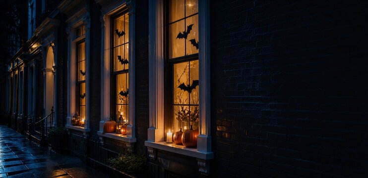 Halloween decorated house windows with pumpkins candles and paper bats at night. Cozy festive home exterior on dark street.