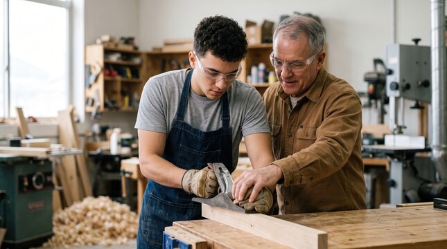 Woodworking mentor teaches apprentice