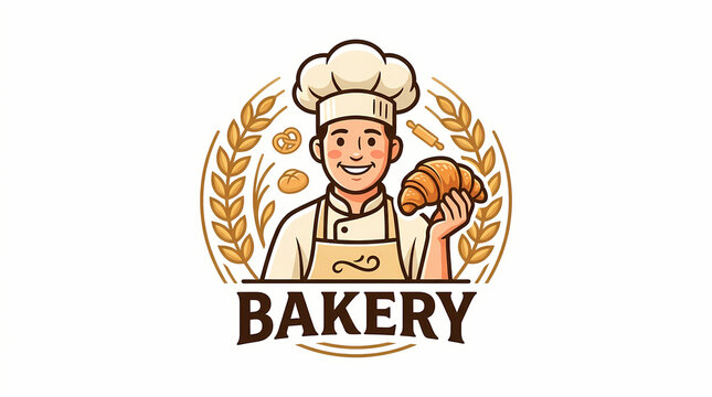 Baker mascot logo with a happy chef holding a fresh croissant surrounded by wheat ears and bread