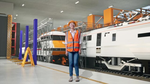Full Body Of Asian Female Engineer With Safety Helmet Looking Around While Standing at Train Locomotives Maintenance Depot Scaffolding