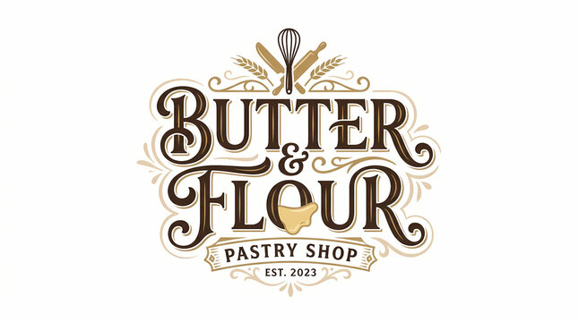 Vintage bakery logo design with elegant typography and baking illustrations on white background
