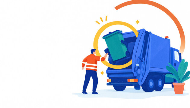 Garbage collector loads a green waste bin into a blue collection truck against a clean white background, illustrating recycling and municipal sanitation services.