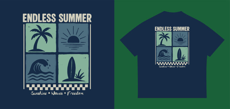 Retro Endless Summer beach graphic, vintage vector design for t-shirt, apparel and poster