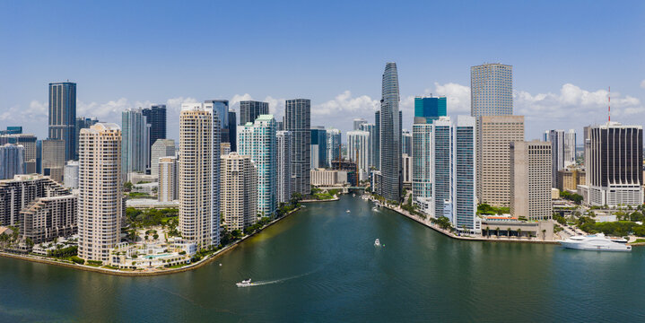 Miami skyline. Travel destination in Miami district. Miami downtown skyline. Miami waterfront panorama near Brickell.