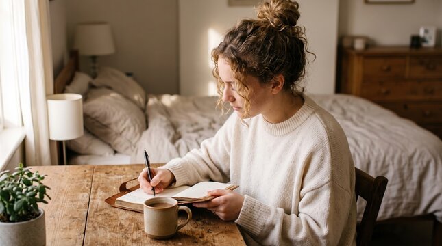 Woman journaling in cozy morning light