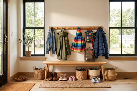 Colorful children's outerwear and shoes arranged in a cozy entryway with natural light
