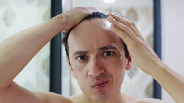 Serious adult male examining his thinning hair and scalp in the mirror, feeling concerned and anxious about the signs of baldness and androgenetic alopecia, showing a worried expression