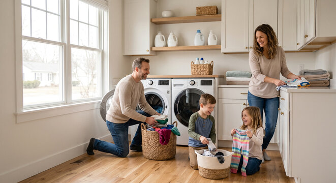 Family doing laundry together in bright laundry room with modern appliances and wooden floor
