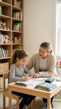 Mother assists daughter with homework at wooden table in cozy study with bookshelves and toys