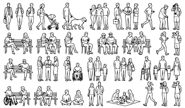 Park people entourage figure set for architectural elevation urban streetscape cad block vector drawing
