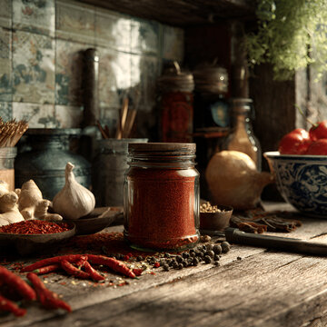 Glass jar of red spice surrounded by various ingredients on rustic wooden kitchen table
