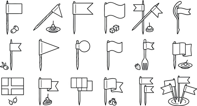 Food Flag Toothpicks and Cocktail Garnish Line Icon Set Featuring Mini Party Flags, Appetizer Skewers, Olives, Cheese Cubes, and Snack Picks for Catering Designs