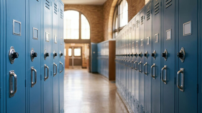 Generative AI empty school hallway lined with rows of blue metal lockers with combination locks and handles in a classic educational institution interior.