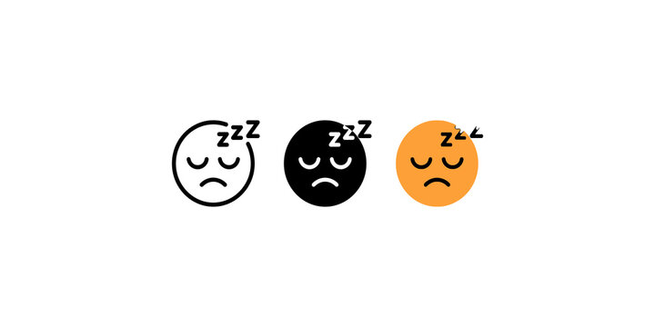 Sleeping face emoji set shows outline solid and orange circular characters with zzz snoring symbols for rest app.