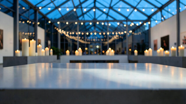Dark Walnut Wood Tabletop on Chic Rooftop Lounge with Ambient Warm Uplighting Luxury City Bokeh Back