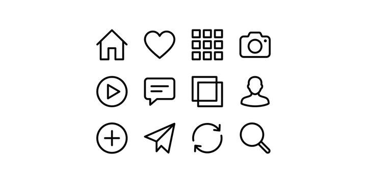 Social media interface navigation icon set includes black outline home heart grid and camera symbols for web app.