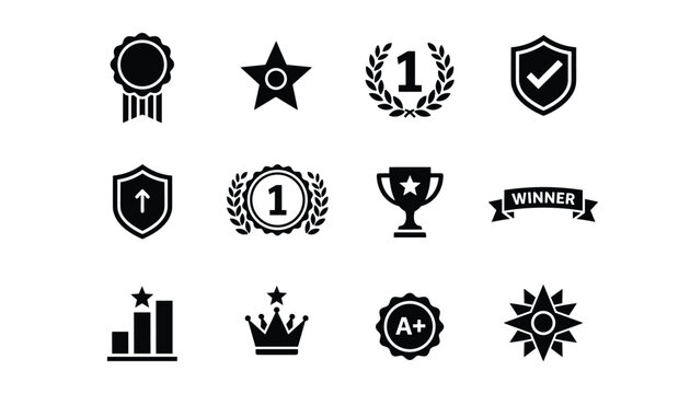 Symmetrical grid of twelve black prize, winner, and achievement badge icons including ribbons, crowns, and shields.