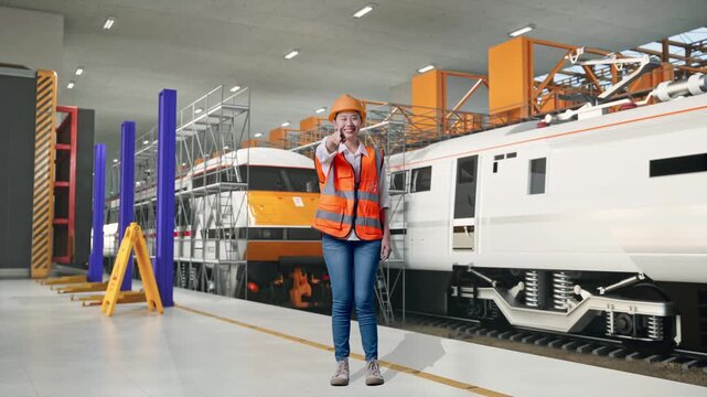Full Body Of Asian Female Engineer With Safety Helmet Smiling And Touching Her Chest Then Pointing At You While Standing at Train Locomotives Maintenance Depot Scaffolding